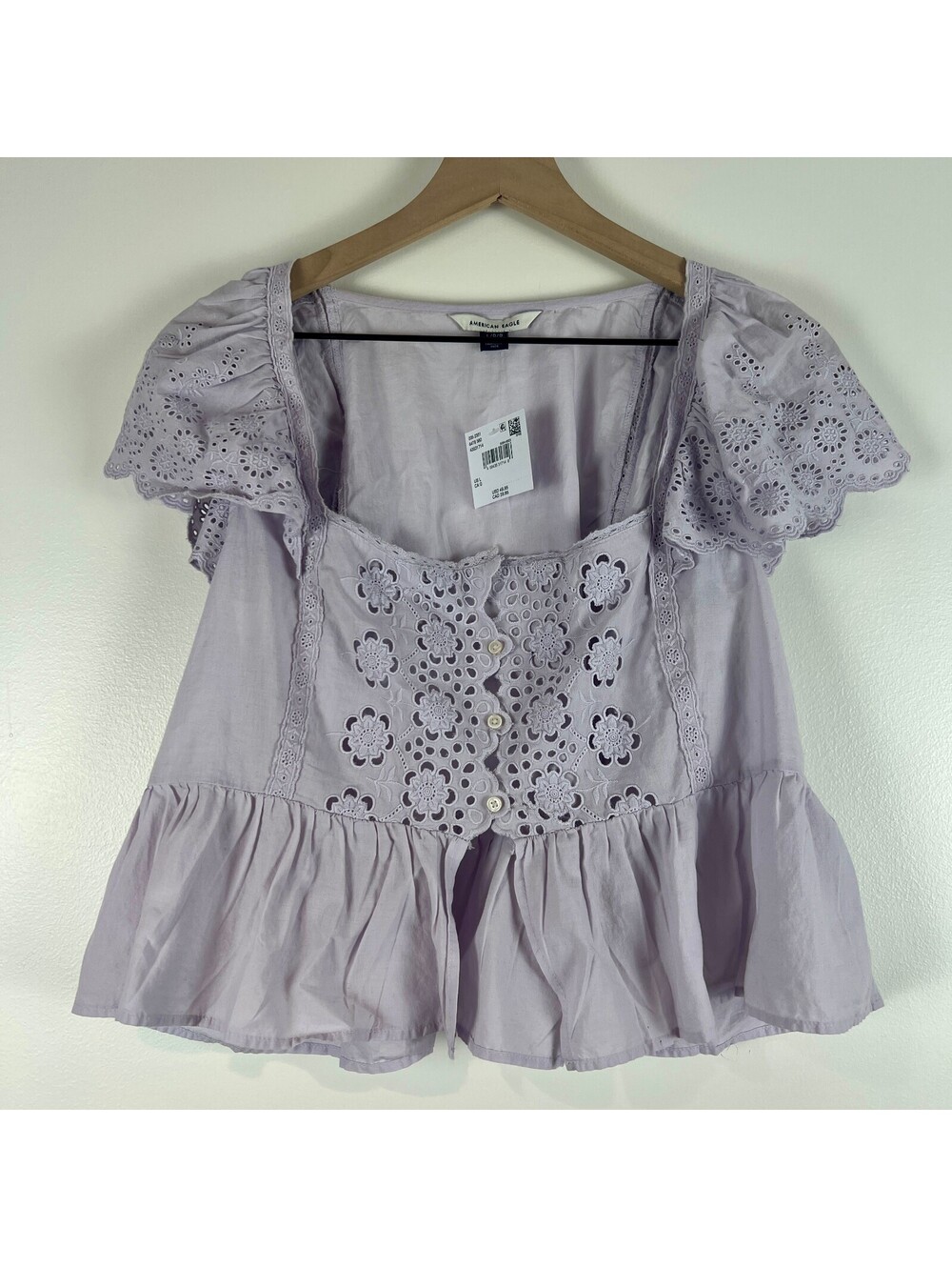American Eagle Lilac Eyelet Embroidered Peplum Blouse Size L NWT Cottagecore